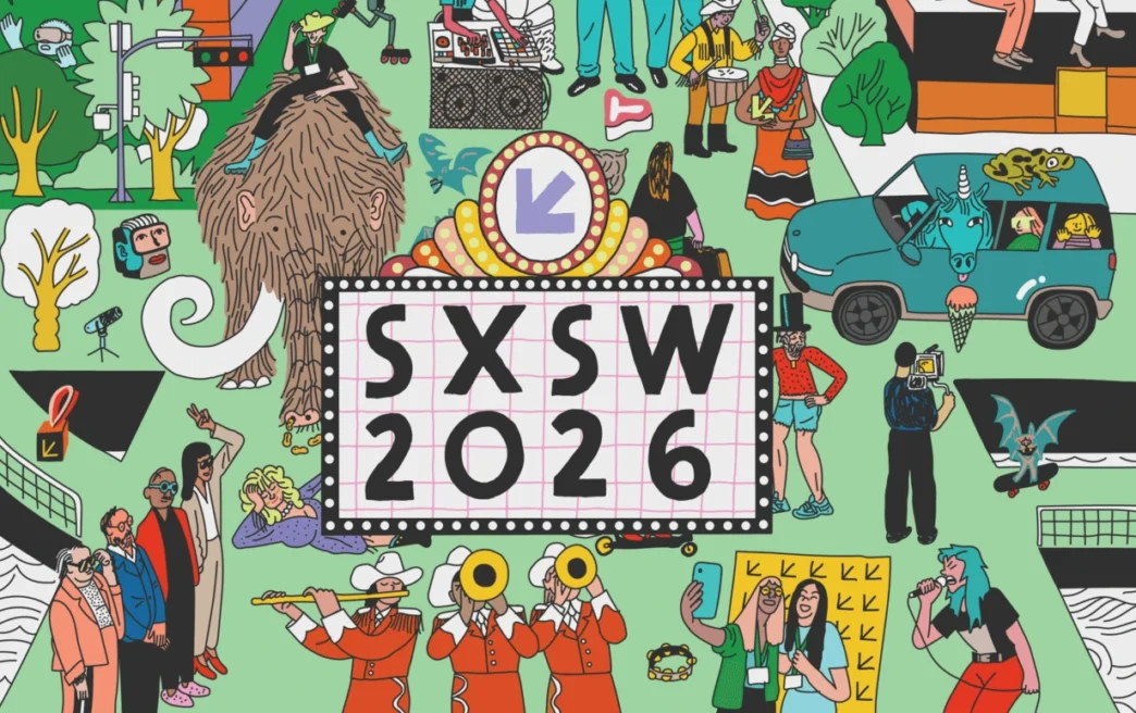 Ilustração colorida do SXSW 2026 com vários personagens.