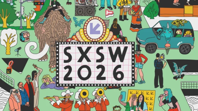 Ilustração colorida do SXSW 2026 com vários personagens.