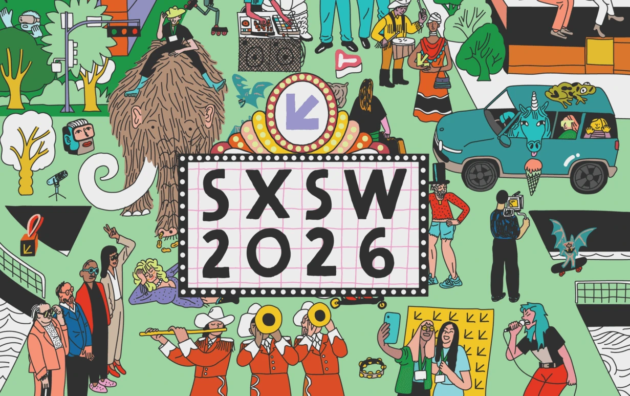 Ilustração colorida do SXSW 2026 com vários personagens.