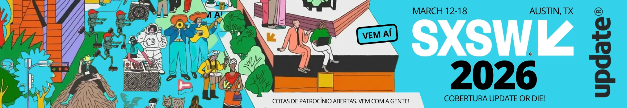 Banner colorido SXSW 2026, Austin, Texas.