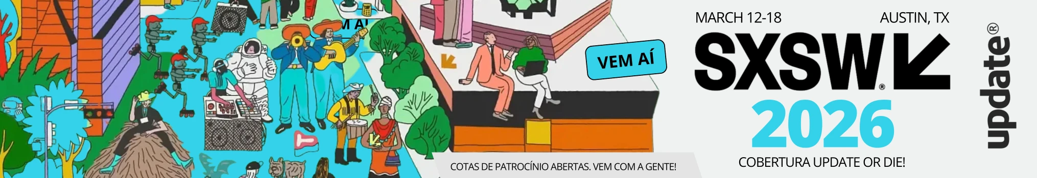 Arte colorida para o evento SXSW 2026 em Austin.