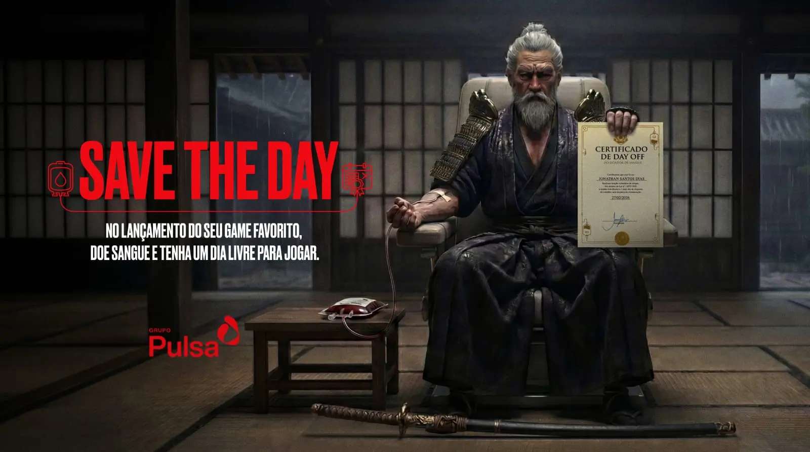 Samurai, certificado e campanha de doação de sangue.