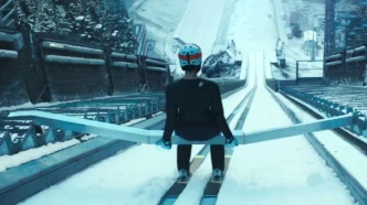 Esquiador pronto para salto em rampa nevada.