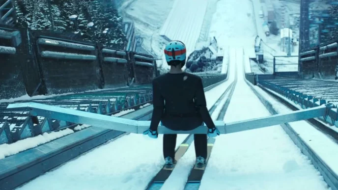 Esquiador pronto para salto em rampa nevada.