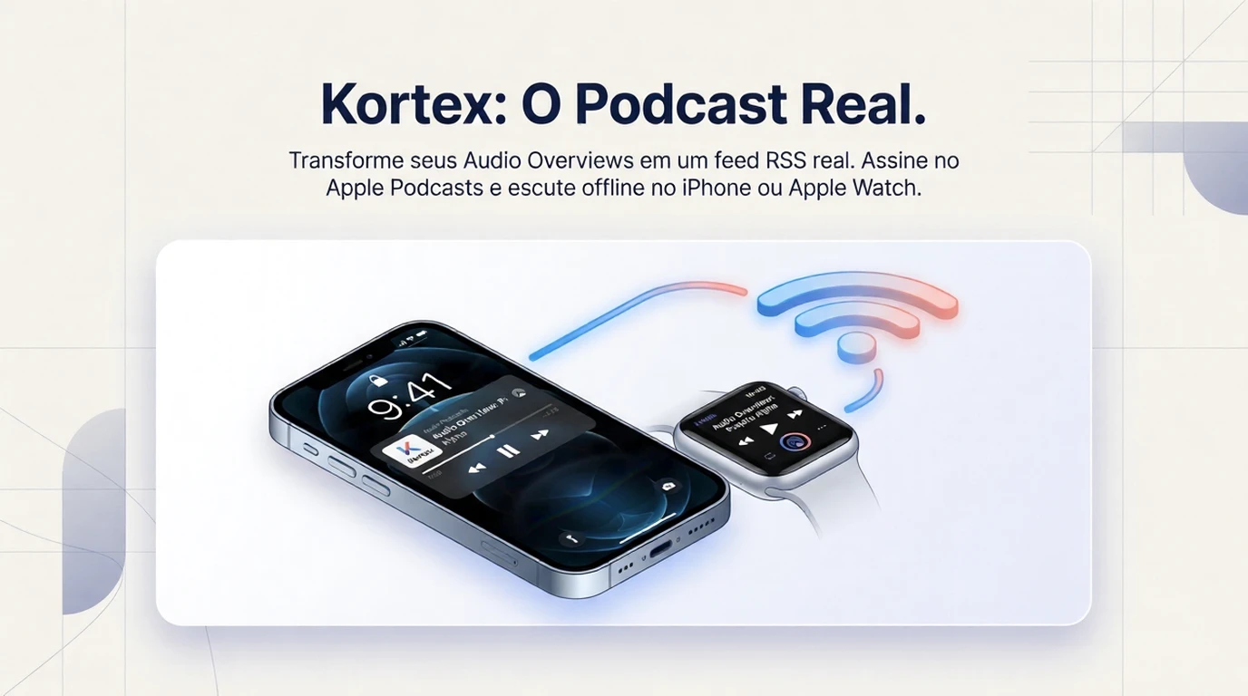 Smartphone e Apple Watch com símbolos de áudio e Wi-Fi.