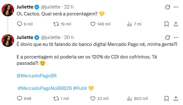 Juliette fala sobre porcentagem do Mercado Pago.