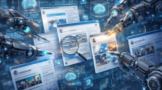 Robôs analisam dados em telas digitais futurísticas.