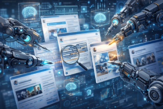 Robôs analisam dados em telas digitais futurísticas.