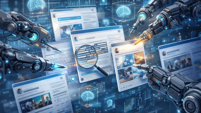 Robôs analisam dados em telas digitais futurísticas.