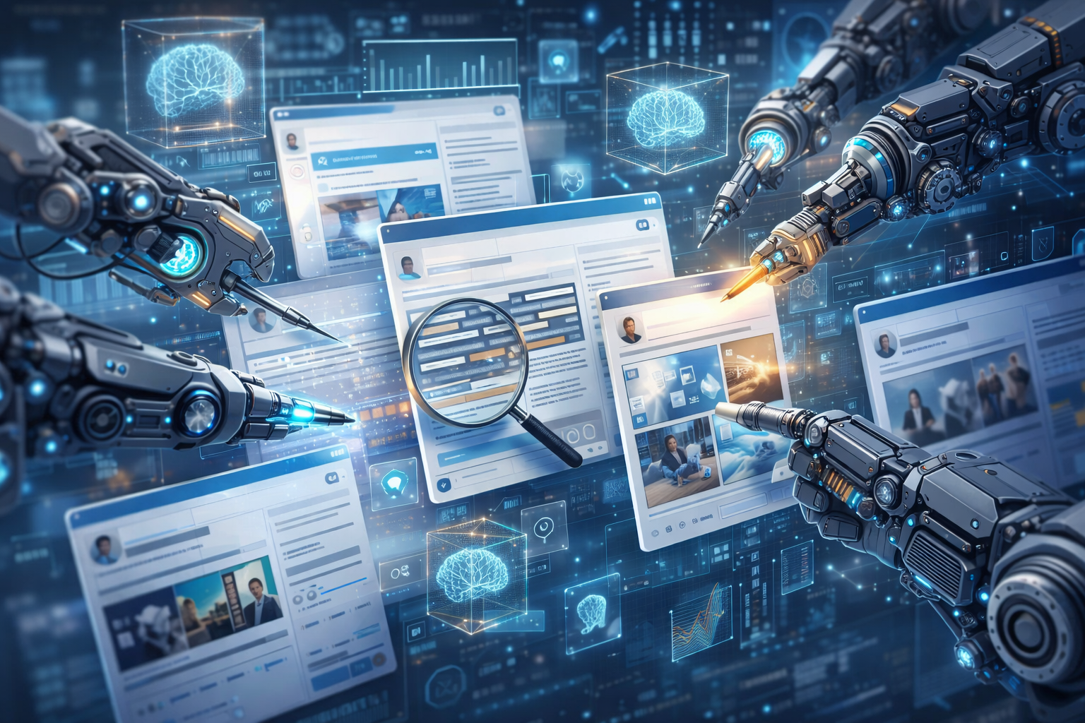 Robôs analisam dados em telas digitais futurísticas.