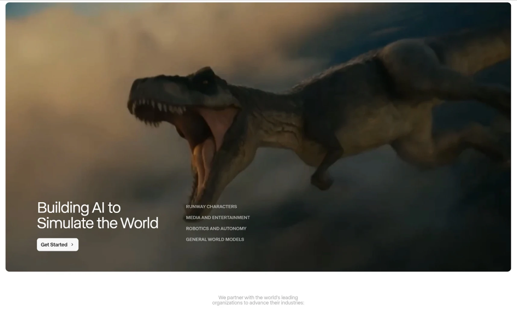 Dinossauro correndo em direção à câmera em nuvens.