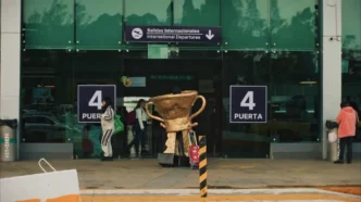 Homem fantasiado de troféu no aeroporto.