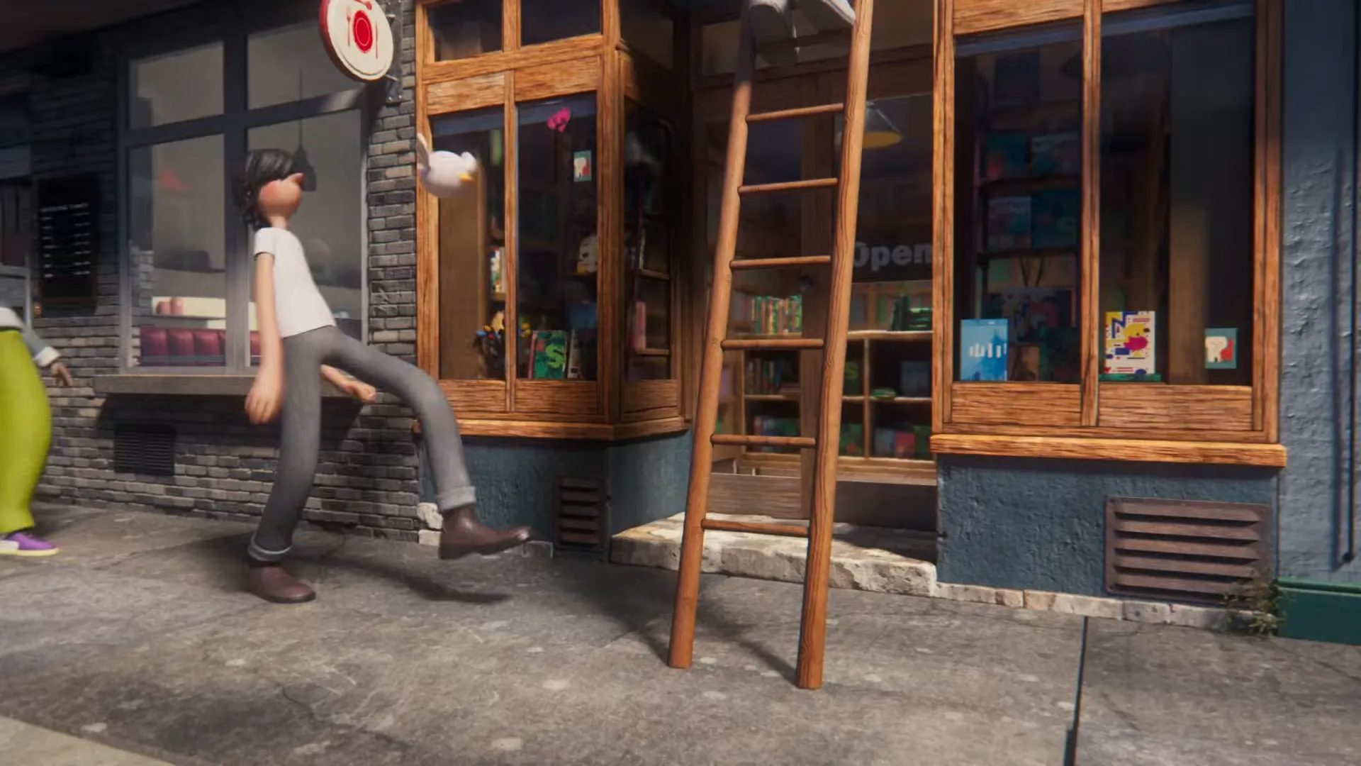 Homem estilo desenho animado caminhando em uma calçada.