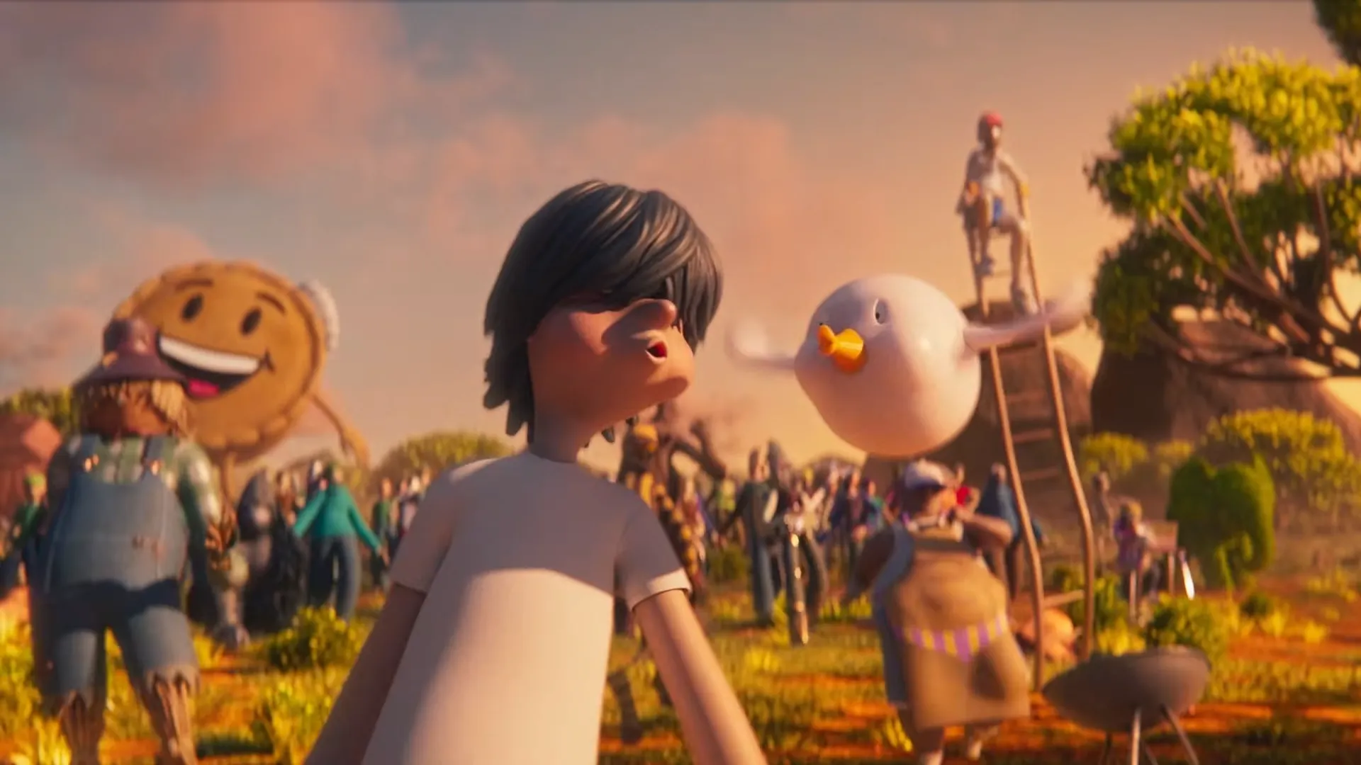 Criança e pássaro em cena de animação colorida.