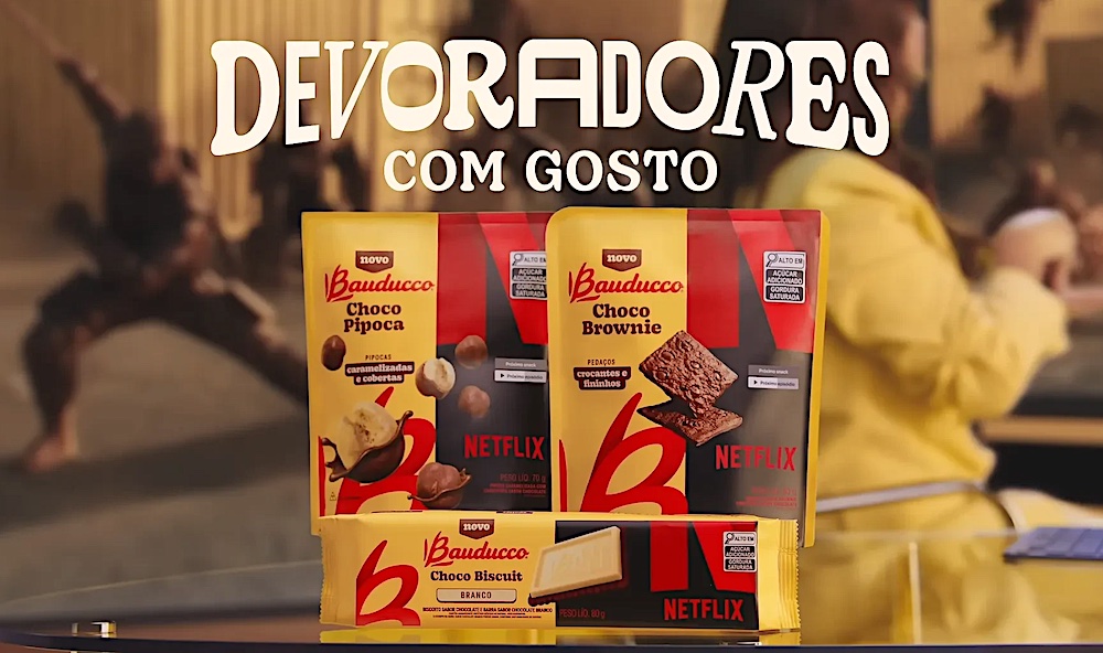 Produtos Bauducco, parceria com Netflix, doces variados.