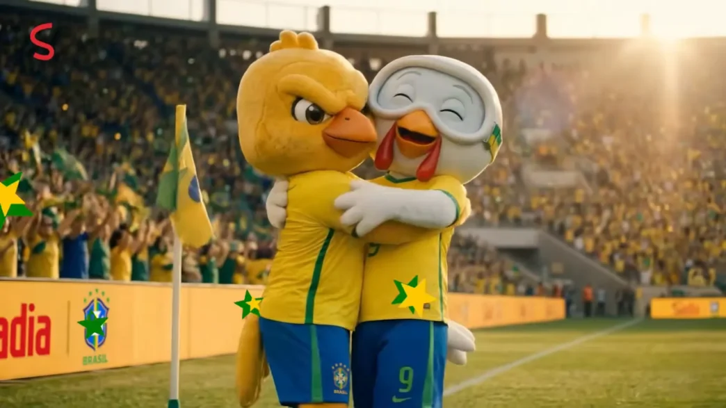 Mascotes abraçando no campo de futebol.