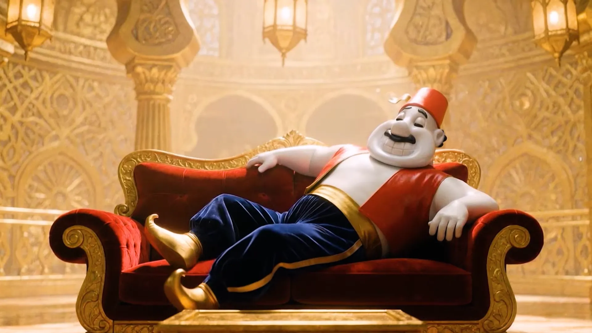 Gênio relaxando em sofá luxuoso dourado.