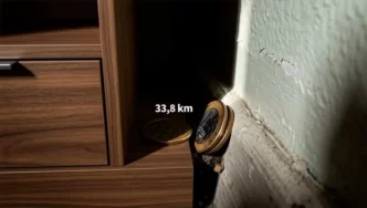 Moedas empilhadas em canto com 33,8 km escrito.