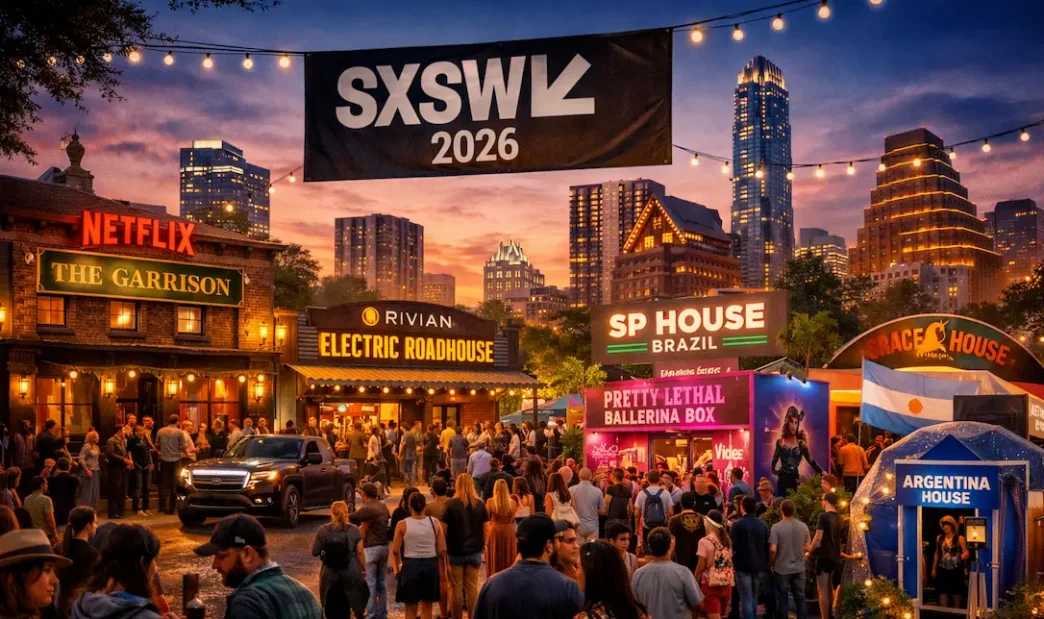 Festival SXSW 2026 com multidão e estandes iluminados.