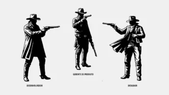 Cowboys representando desenvolvedor, gerente, designer.