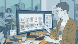 Pessoa usando computador em escritório colaborativo.