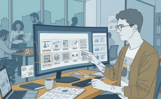 Pessoa usando computador em escritório colaborativo.