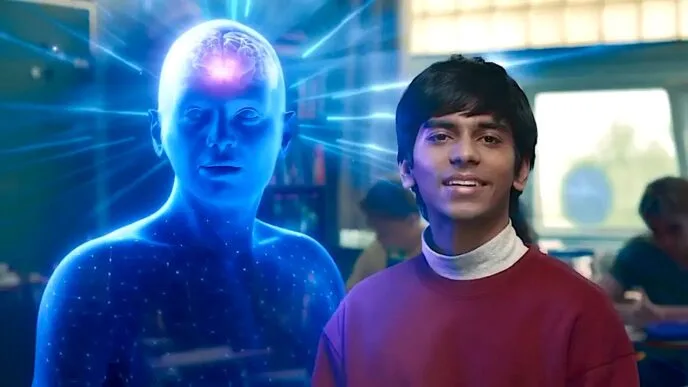 Jovem com holograma azul brilhante.