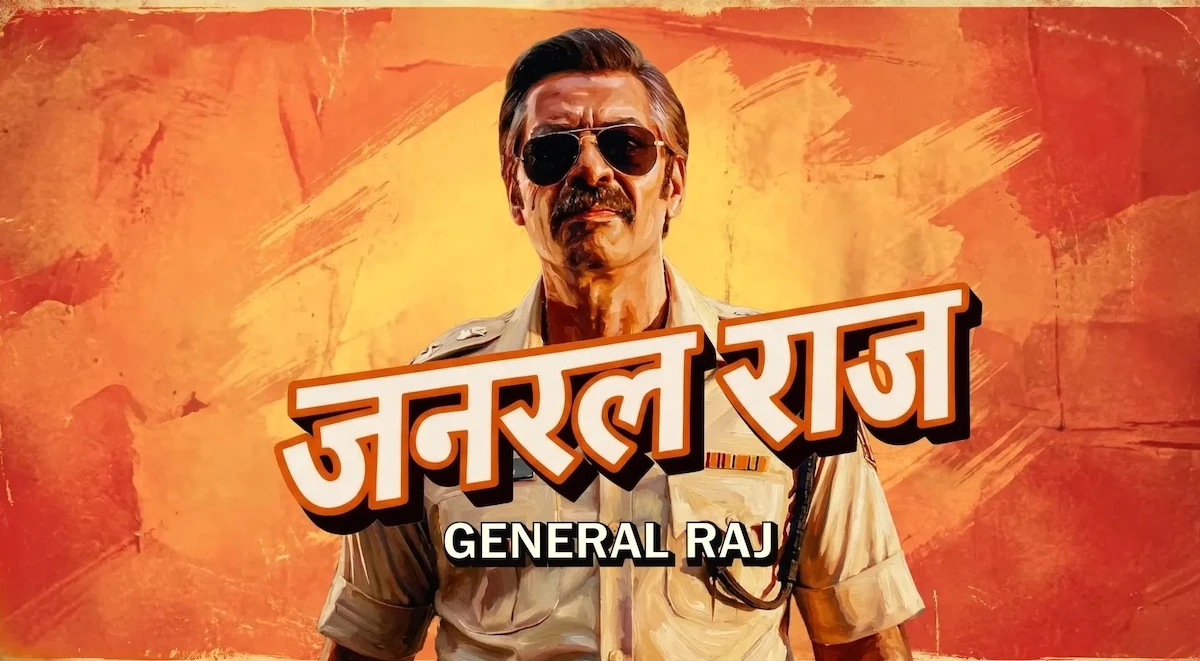 Pôster de General Raj com fundo laranja e vermelho.