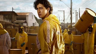 Homem em traje amarelo perto de tambores radioativos.