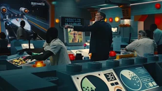 Homem apontando para tela em sala de controle.