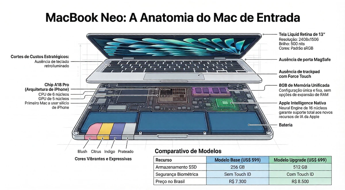 Diagrama MacBook Neo com características e comparação de modelos.