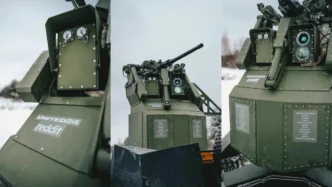 Sistema de armas autônomo verde em neve.