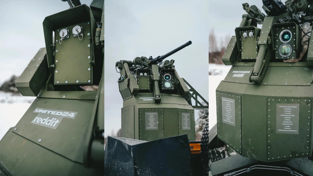 Sistema de armas autônomo verde em neve.