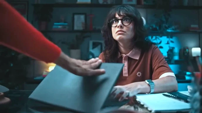 Pessoa com óculos em escritório, olhando para cima.