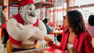 Mulher comindo em restaurante com estátua.