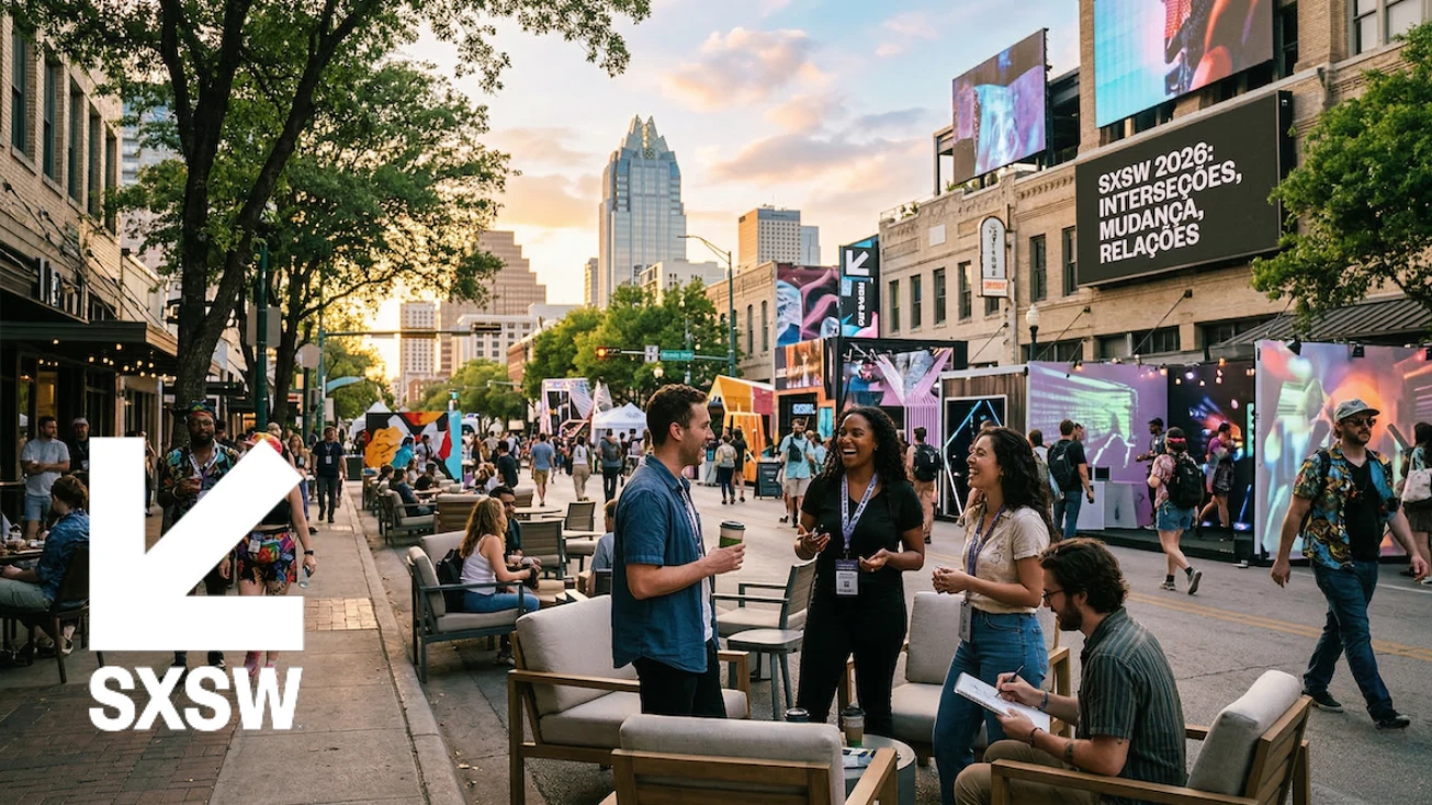 Pessoas conversando em evento SXSW ao ar livre.