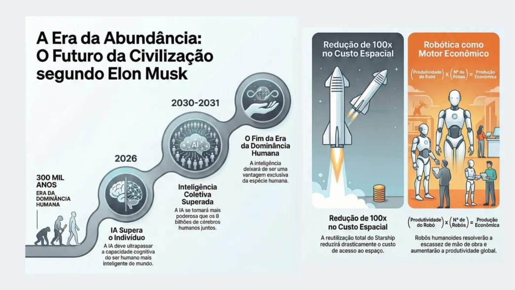 Futuro com IA, robótica e exploração espacial.