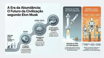 Futuro com IA, robótica e exploração espacial.