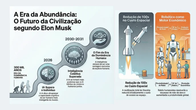Futuro com IA, robótica e exploração espacial.