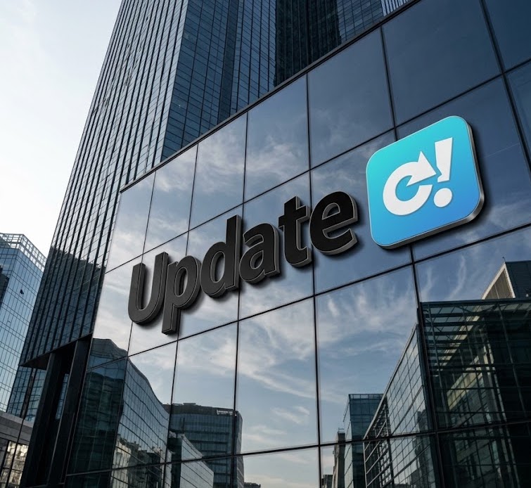 Prédio com logo Update e símbolo azul