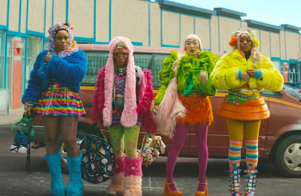 Quatro pessoas vestindo roupas coloridas em frente a carro.