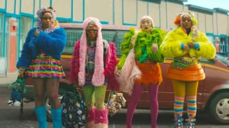 Quatro pessoas vestindo roupas coloridas em frente a carro.