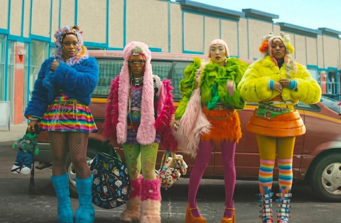 Quatro pessoas vestindo roupas coloridas em frente a carro.