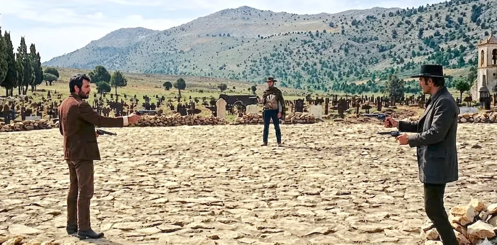 Três cowboys duelando em cemitério deserto.