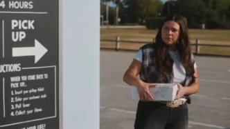 Mulher segurando caixa perto de placa de retirada