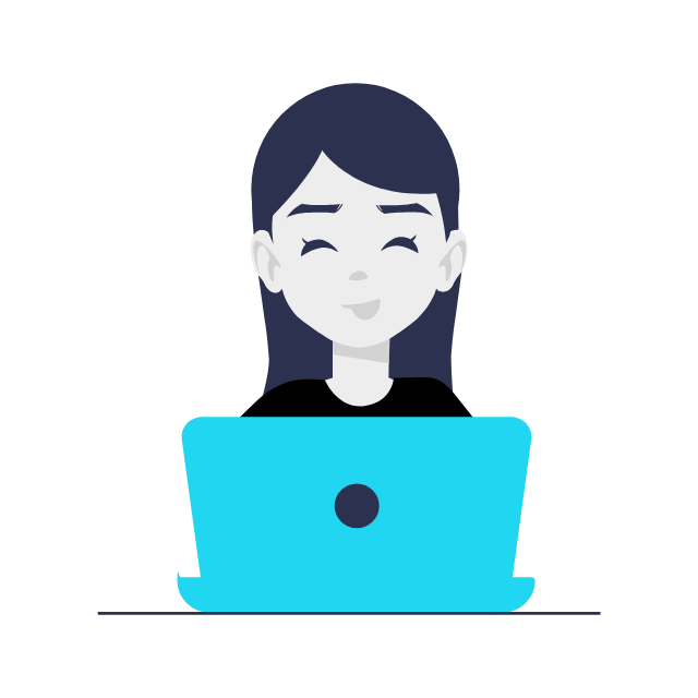 Ilustração: pessoa sorrindo usando laptop azul.