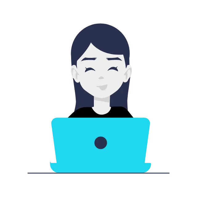 Ilustração: pessoa sorrindo usando laptop azul.