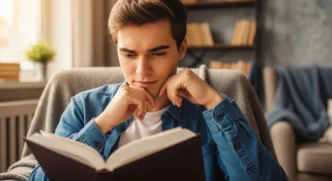 Homem lendo livro em poltrona confortável