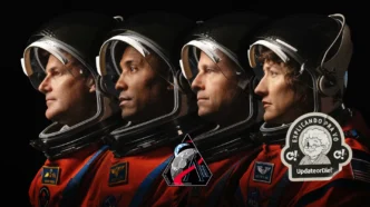 Quatro astronautas em trajes espaciais.