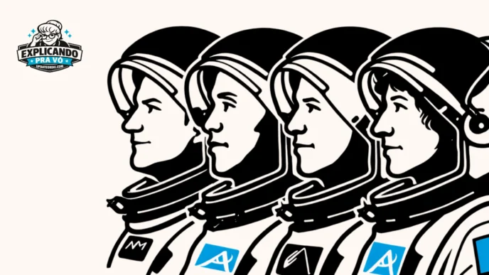 Quatro astronautas alinhados em ilustração preto e branco
